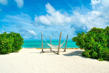 Chill lounge zone on the sandy beach, Maldives island