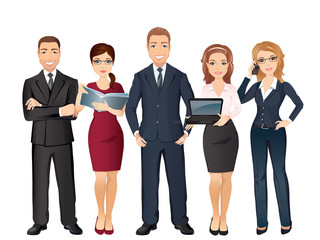Group of five persons , full length, business team, Teamwork / Vector Illustration, cartoon characters, flat design
