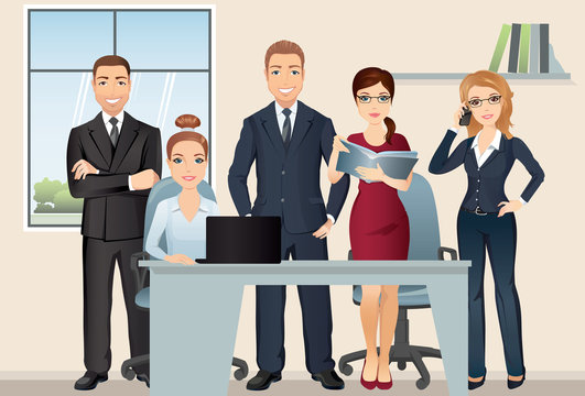 Meeting business people. Teamwork. Office team discussing and brainstorming in meeting room. / Vector illustration, flat design