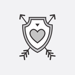 Decorative icon for Valentine's Day. Graphic romantic element Heart and arrow on a military shield. Logo love vector illustration
