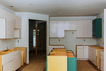 Blind corner cabinet, island drawers and counter cabinets installed