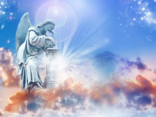 angel archangel Michael over background mystical sky with divine rays of Light and copy space 