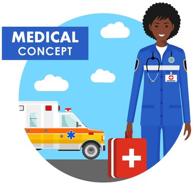 Medical concept. Detailed illustration of emergency doctor woman in uniform on background with ambulance car in flat style. Vector illustration.