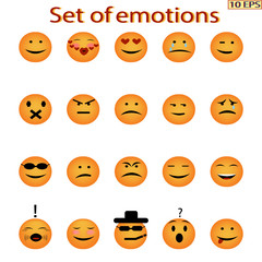 Fototapeta premium Set of emotions. Round yellow faces. Set of orange face with emotions. Yellow icons with different characteristic expressions. Mood. Icon pack, moji. Vector illustration.