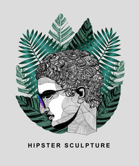  Athlete. Hipster classical Sculpture. Summer style - palm leaf. T-Shirt Design & Printing, clothes, beachwear. Vector illustration hand drawn.