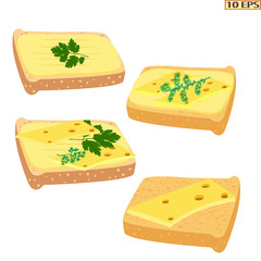 Bread. Baguette. Bread with bacon. Sandwich. Sandwich with butter, cheese. Bread for the sandwiches. Lettuce, parsley, onion. Vector illustration.