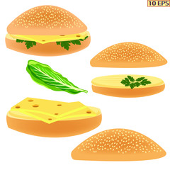 Bread. Baguette. Bread with bacon. Sandwich. Sandwich with butter, cheese. Bread for the sandwiches. Lettuce, parsley, onion. Vector illustration.