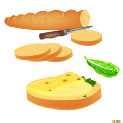 Bread. Baguette. Bread with bacon. Sandwich. Sandwich with butter, cheese. Bread for the sandwiches. Lettuce, parsley, onion. Vector illustration.