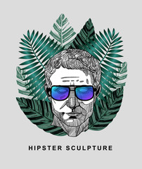 Julius Caesar. Hipster classical Sculpture. Summer style - palm leaf. T-Shirt Design & Printing, clothes, beachwear. Vector illustration hand drawn.
