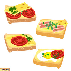 Sandwich. Sandwiches with butter, herbs and cheese. Bread with butter, cheese and tomato. Sandwich with cheese, egg, bacon and tomato. Toasts. Cheeseburger. Sliced bread for the sandwiches. Lettuce, p