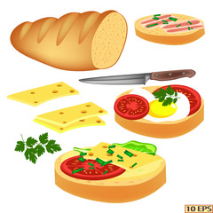 Sandwich. Sandwiches with butter, herbs and cheese. Bread with butter, cheese and tomato. Sandwich with cheese, egg, bacon and tomato. Toasts. Cheeseburger. Sliced bread for the sandwiches. Lettuce, p