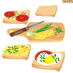 Sandwich. Sandwiches with butter, herbs and cheese. Bread with butter, cheese and tomato. Sandwich with cheese, egg, bacon and tomato. Toasts. Cheeseburger. Sliced bread for the sandwiches. Lettuce, p