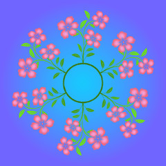 Embroidered pink flowers on blue background.