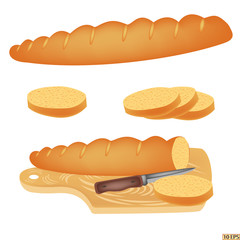 Bread. Baguette. Sliced baguette. Toasts. The bread for the sandwiches. Vector illustration isolated on white background.