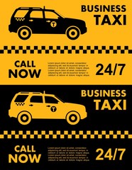 Business taxi service design over yellow and black background. Silhouette of car. Vector flat illustration. Banner, poster or flyer.