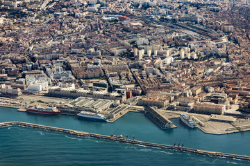 Fototapeta premium aerial view to harbor of Marseilles with cruise ships