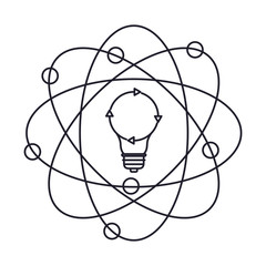 light bulb and atom around monochrome silhouette on white background vector illustration
