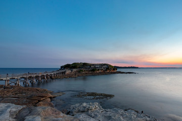 Bear Island and jetty bridge in the sunset