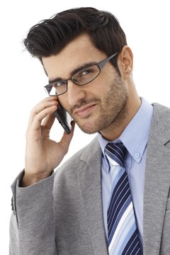 Closeup portrait of businessman on mobile