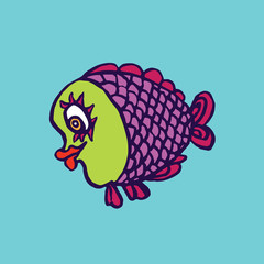 Funny purple fish, hand drawn doodle color sketch in naïve, pop art style, vector illustration, isolated on blue