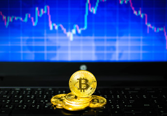 gold bitcoins on key board and BTC trading chart in background, Financial concept
