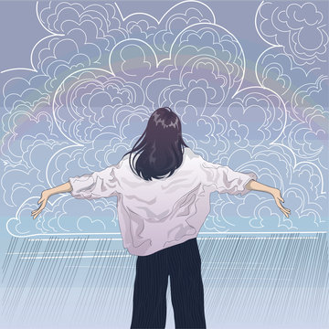  vector girl spread her arms towards the rainy clouds in the sky and rainbow, the view from the back