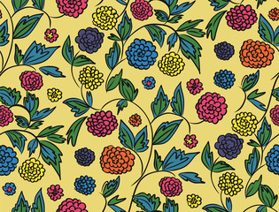 Floral seamless background pattern with  flowers and leaves, spring - summer season. Vector illustration for textile, wrapping paper, wallpaper, сurtains .