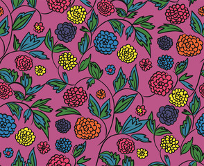 Floral seamless background pattern with  flowers and leaves, spring - summer season. Vector illustration for textile, wrapping paper, wallpaper, сurtains .