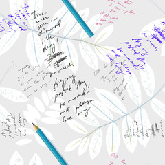 Abstract vintage seamless pattern with white mountain ash silhouettes, blue pencil and handwritten text blocks. Vector light background illustration