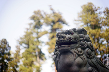 口を開けた狛犬