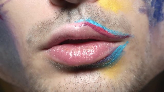 Male lips close up. Mouth of man, artistic makeup.