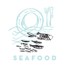 seafood fish and wave abstract hand drawn design elements for menu, poster, invitation. vector traced graphic illustration