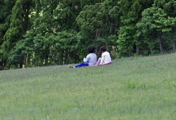 夏の草原でそり遊びをする子供たち