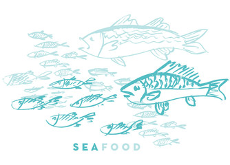 seafood fish and wave abstract hand drawn design elements for menu, poster, invitation. vector traced graphic illustration