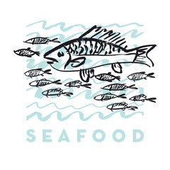 seafood fish and wave abstract hand drawn design elements for menu, poster, invitation. vector traced graphic illustration