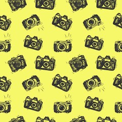 Simple pattern with cameras. Hand-drawn vintage photo camera, sketch.