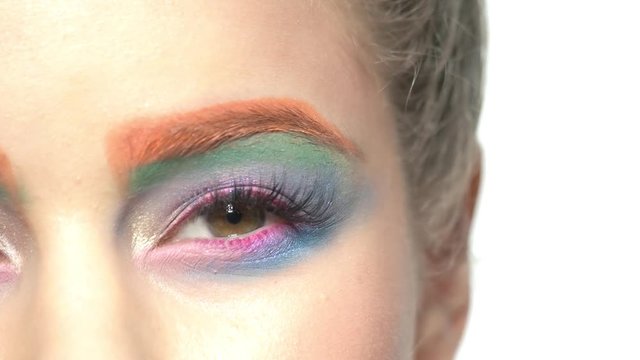 Eyeshadow applying close up. Eye of young woman, makeup.