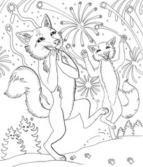 Hand drawn illustration of two foxes and fireworks delight emotion black and white