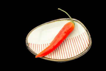 Red chilli on a small plate, isolated against black background