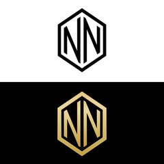 initial letters logo nn black and gold monogram hexagon shape vector