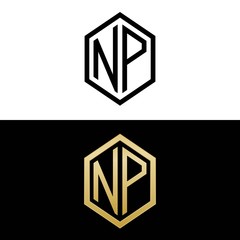 initial letters logo np black and gold monogram hexagon shape vector © triwaw