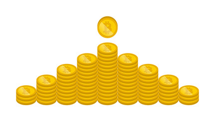 pyramid of golden bitcoins stack on white background