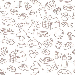 Seamless cartoon pattern with outline petshop cat and dog elements. Vector illustration.
