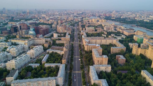 sunset evening moscow cityscape traffic street circle junction aerial panorama 4k time lapse russia
