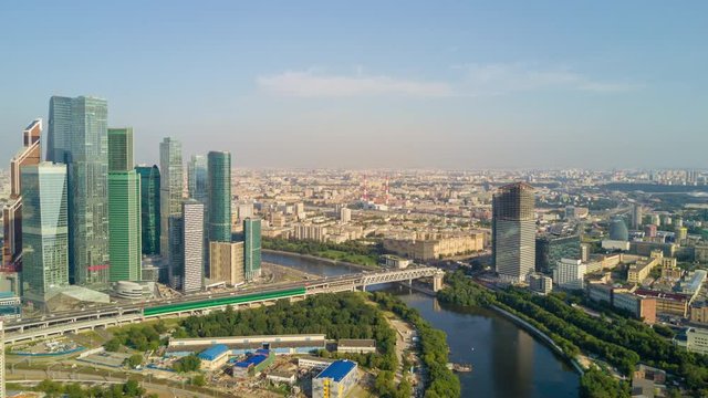 sunny summer day moscow city riverside business block aerial panorama 4k time lapse russia
