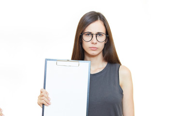 Naklejka premium Smiling business woman holding pads of notepaper on white background