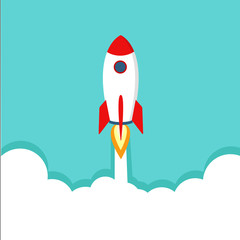 Flat rocket  in a flat style.Start up concept symbol space rocket ship Sky Icon.