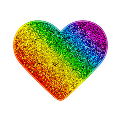Gay Pride rainbow glitter heart. Colorful shiny background with sparks. Vector illustration in LGBT flag colors. Symbol of peace and tolerance. Modern template for Pride Month, parade, special events.