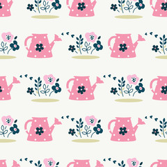 Seamless pattern with watering can and flowers