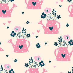 Seamless pattern with watering can and flowers